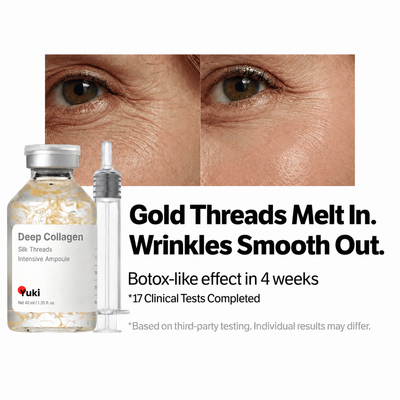 Gold threads melt in, wrinkles smooth out before and after